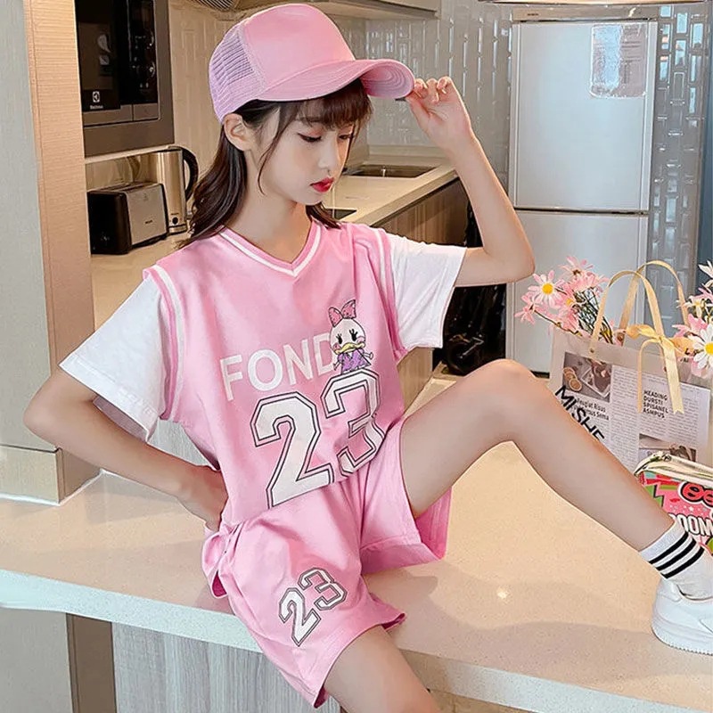 Bộ Trang Phục Thể Thao Hai Mảnh Mùa Hè Gồm Áo Thun Và Quần Short Bóng Rổ Phong Cách Phương Tây Cho Bé Gái