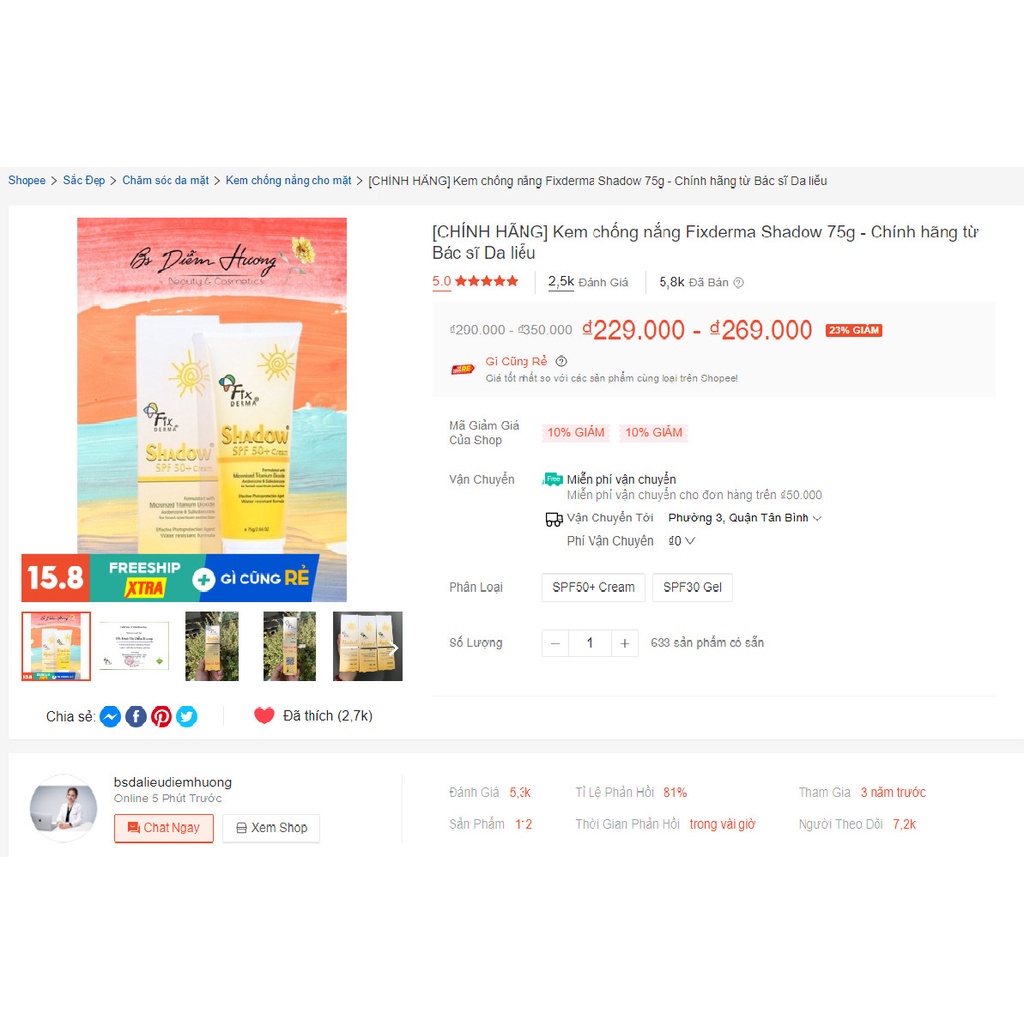 Kem chống nắng Fixderma Shadow 75g - Chính hãng từ Bác sĩ Da liễu