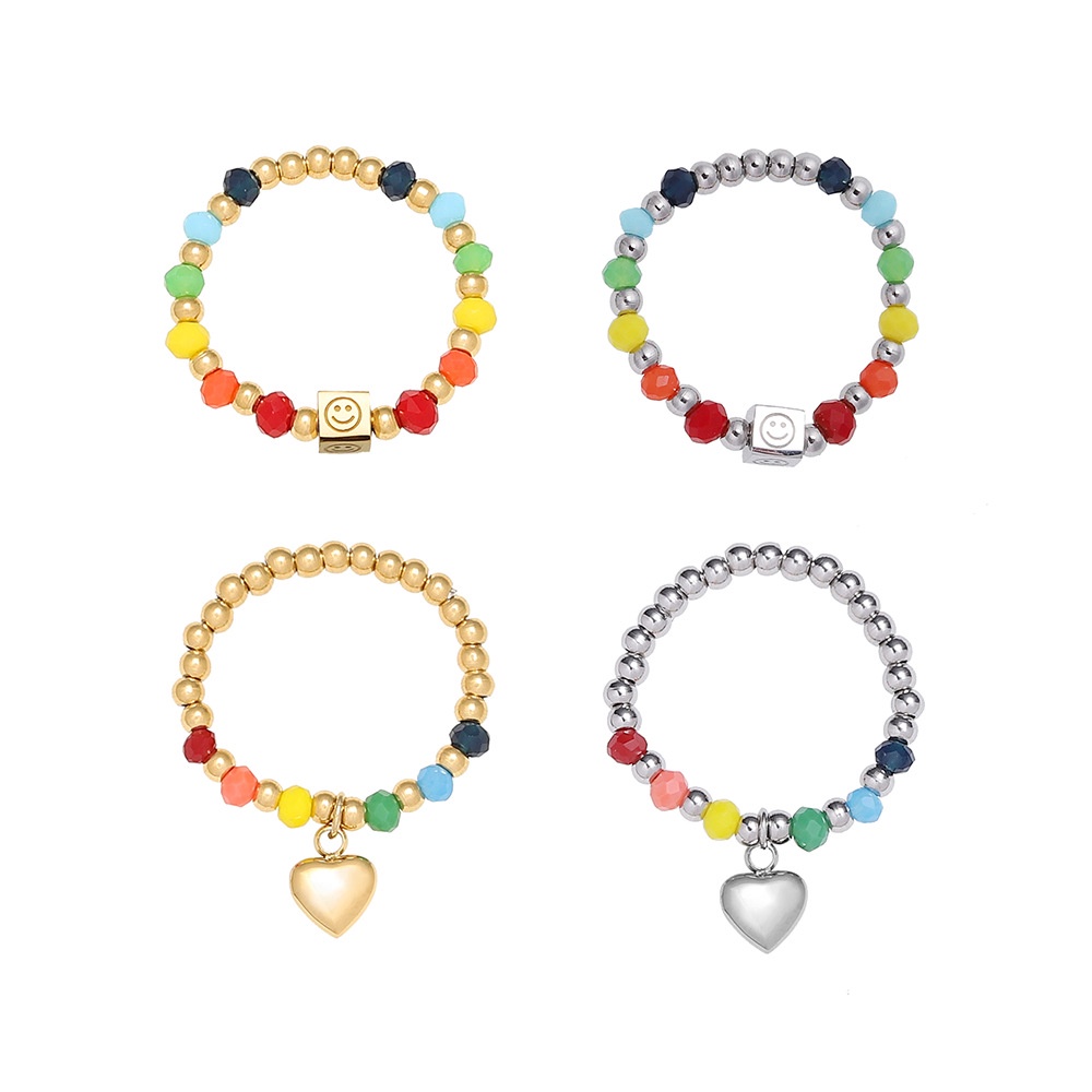 Nhẫn nữ titan kiểu xâu chuỗi bi tròn và thủy tinh màu sắc mặt cười trái tim không gỉ WE2209