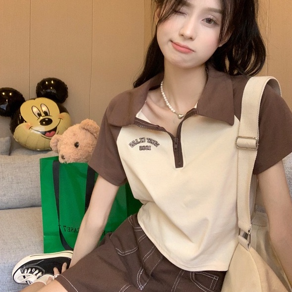 Áo thun croptop ZHELIHANGFEI tay ngắn cổ polo in chữ phong cách vintage Mỹ tùy chọn màu sắc