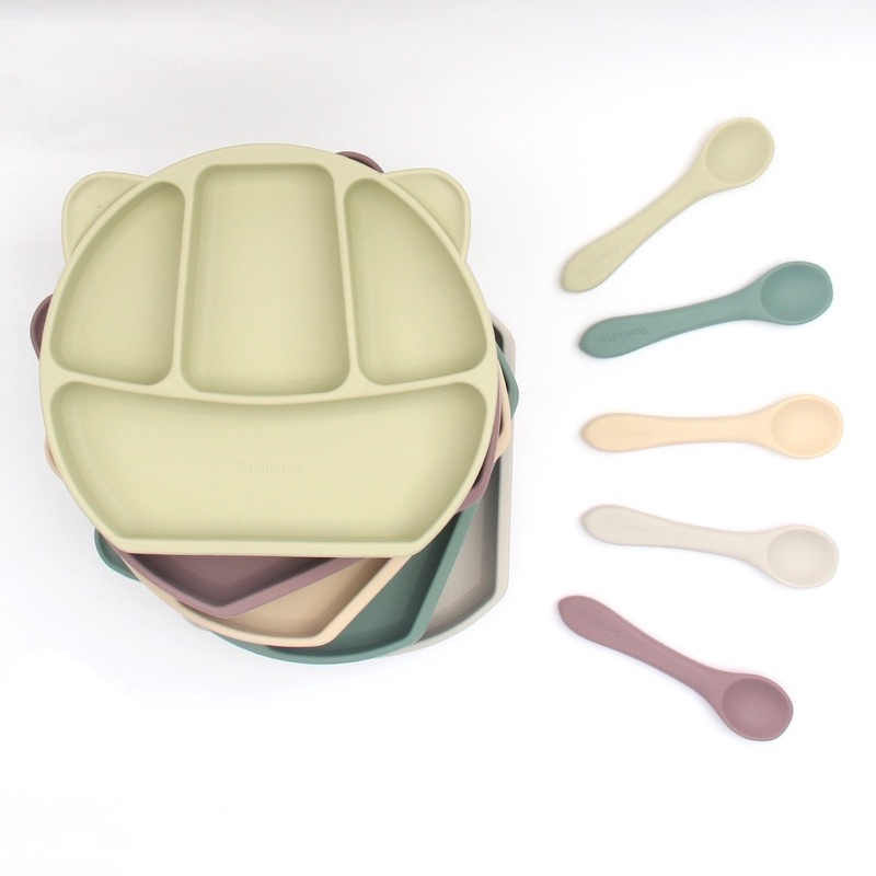 Khay ăn dặm silicon hình gấu 4 ngăn có đế hít chống lật cho bé