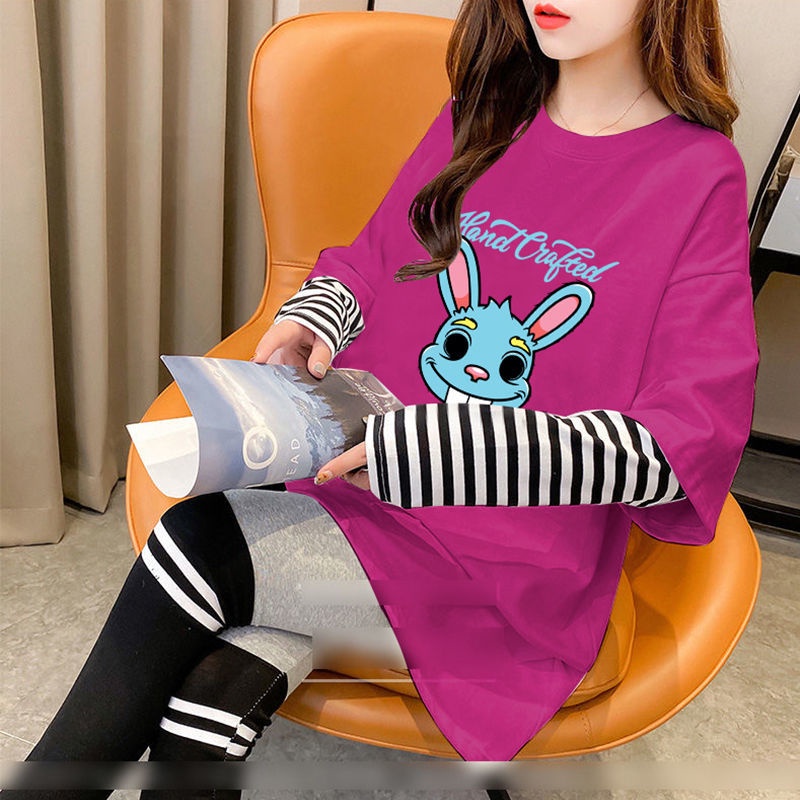 Áo Thun Tay Dài Giả Hai Lớp Dáng Rộng In Họa Tiết Hoạt Hình Phong Cách Hàn Quốc Thời Trang 2022 Cho Nữ