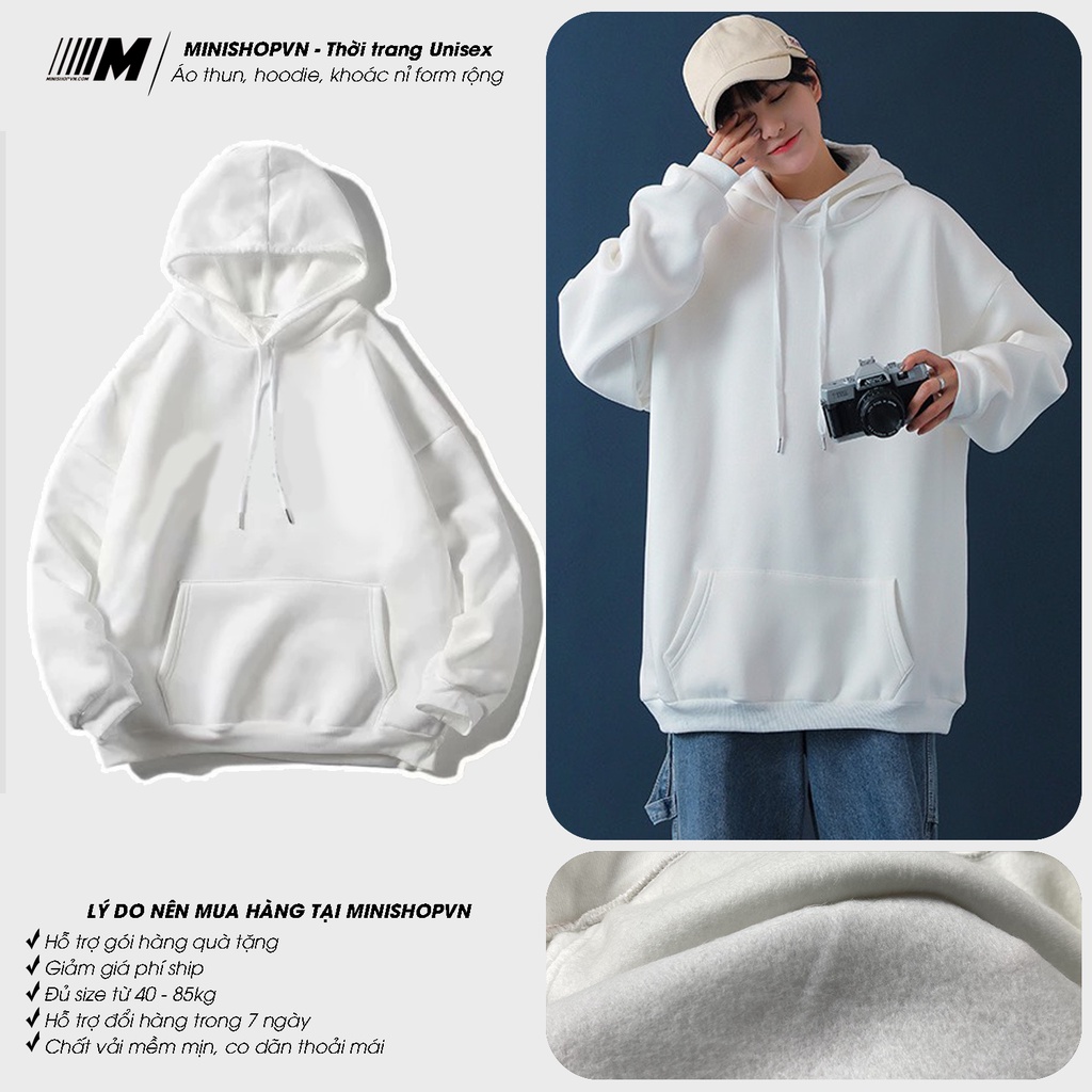 Áo hoodie nỉ trắng trơn unisex dáng rộng thời trang nam nữ chất nỉ lót bông dày ấm mềm mịn