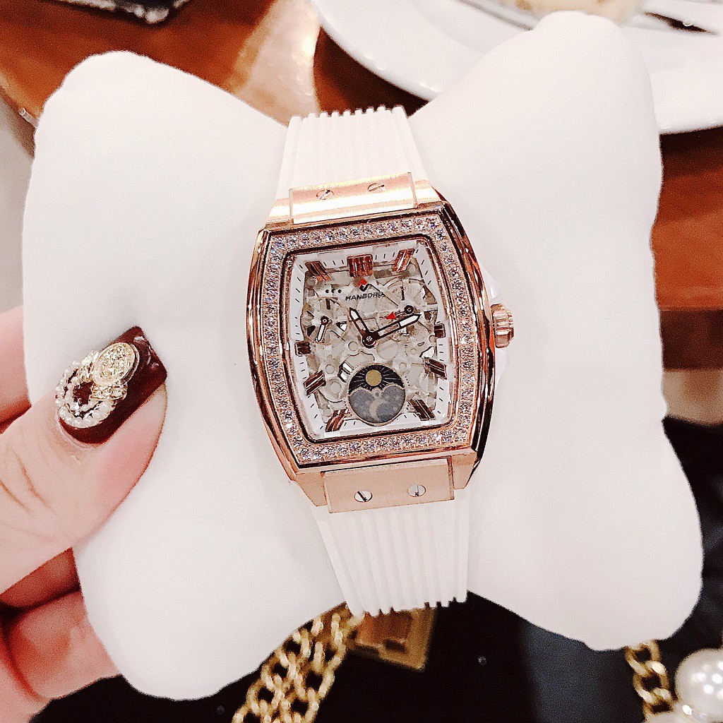 Đồng Hồ Hanboro Nữ Dây Silicon Trắng Rose Gold Authentic 36mm