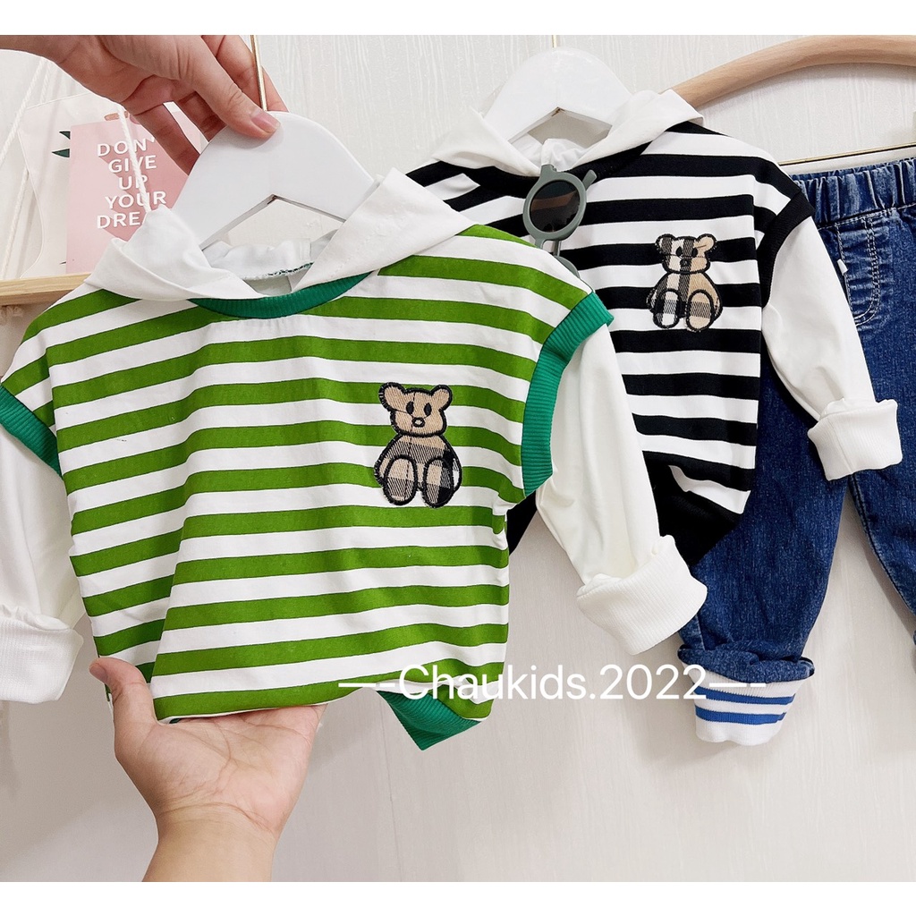 Bộ Quần Áo Thu Đông Cho Bé Trai Họa Tiết Sọc Kẻ Ngang Mũ Liền, Set Bộ Đồ Dài Tay Trẻ Em Phong Cách Hàn Quốc-CKTD25
