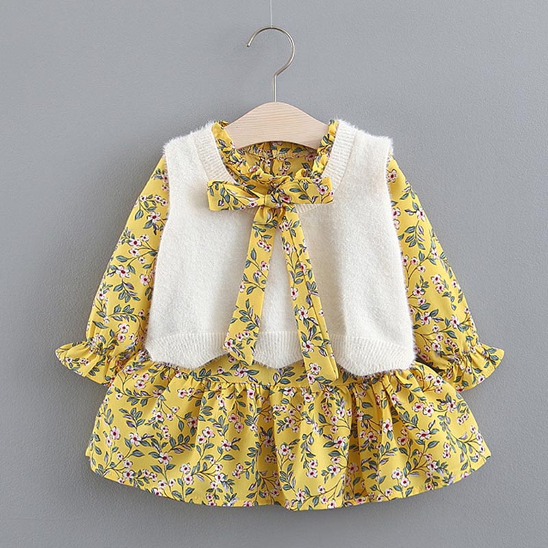 BEAR LEADER Bộ Áo Khoác Lông Chồn + Đầm Dài Tay Thời Trang Thu Đông Cho Bé Gái