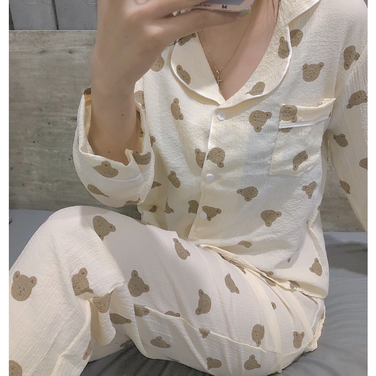 [ ẢNH THẬT ] Set pijama xốp đũi Hàn dáng dài cổ bẻ hoạ tiết xinh xắn. Bộ ngủ nữ Pyjama hoạt hình dễ thương