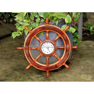 [60cm] Bánh lái có đồng hồ treo tường gỗ Căm Xe + Cẩm Lai, vô lăng tàu gỗ trang trí, quà tặng khách hàng đối tác