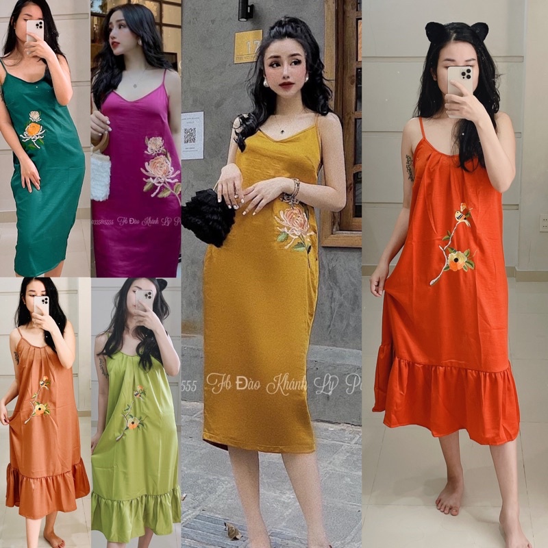 Đầm Lụa 2 dây cổ yếm đuôi cá thêu hoa nổi 3D dễ thương (bầu bí | sau sinh mặc được) mặc ngủ mặc nhà