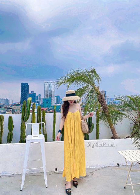 Váy hai dây dập ly kèm dây buộc đai siêu hót hít hàng qc l1