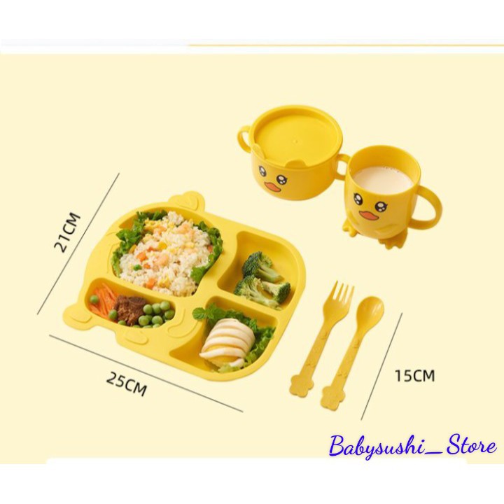 Khay ăn dặm(5 món), bộ dụng cụ tập ăn dặm cho bé hình vịt vàng ngộ nghĩnh đáng yêu kích thích bé ăn dăm