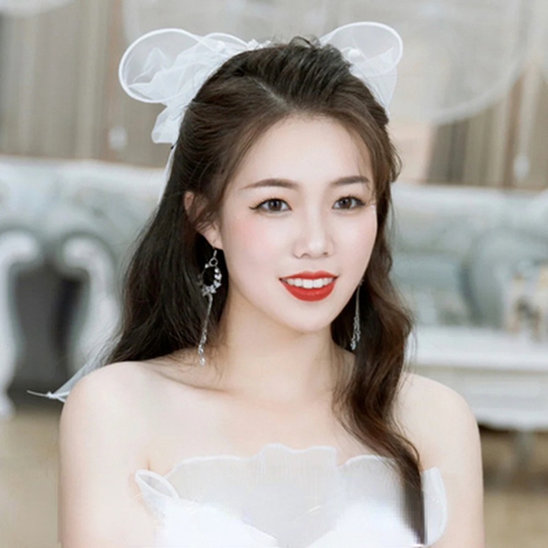 Kẹp Tóc Nơ Ruy Băng Dài Đính Ngọc Trai Trắng Phong Cách Hàn Quốc Cho Cô Dâu