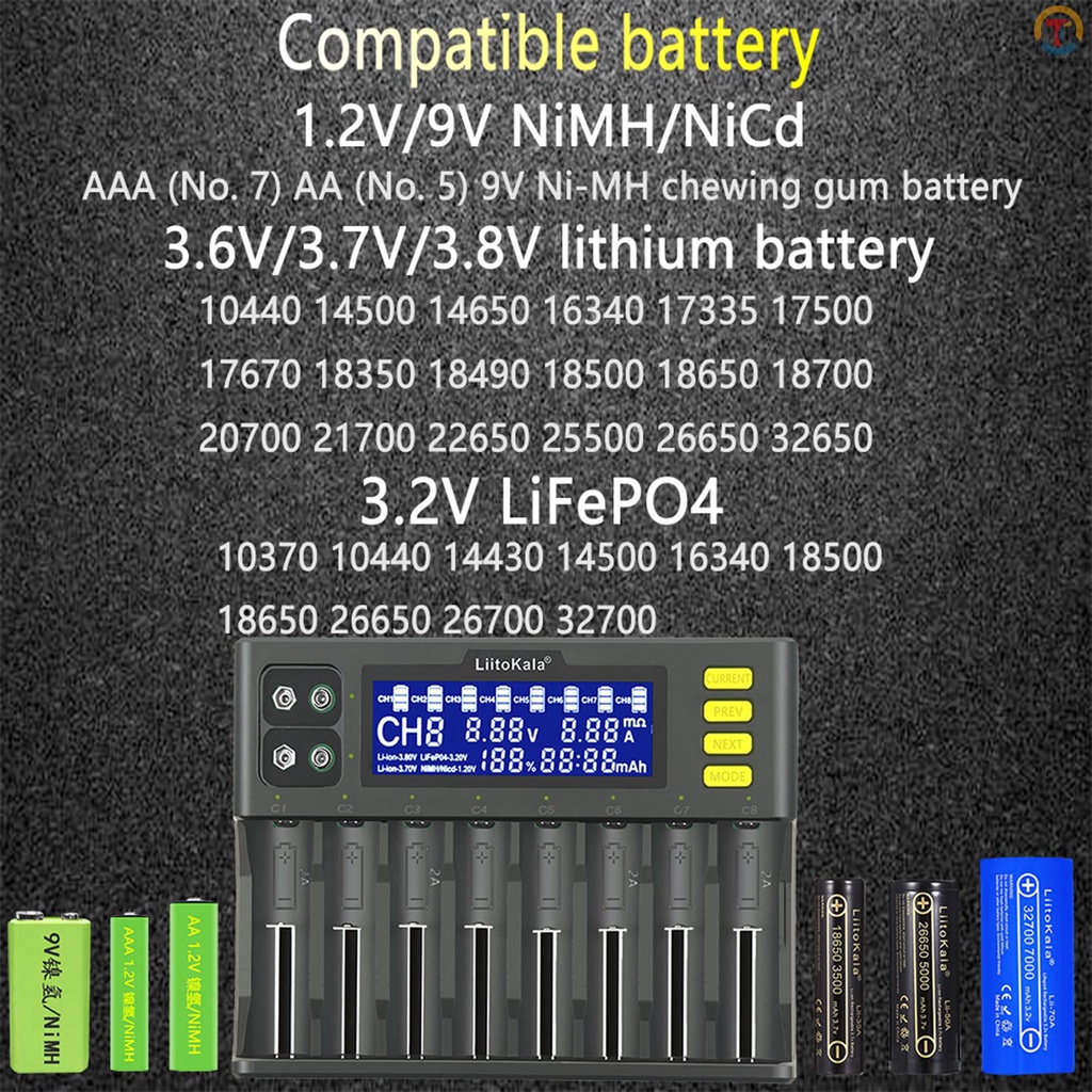Pin liitokala lii-s8 li-ion 3.7v nimh 1.2v li-fepo4 3.2v imr 3.8v cho 18650 26650 21700 26700 26700Aa aaa