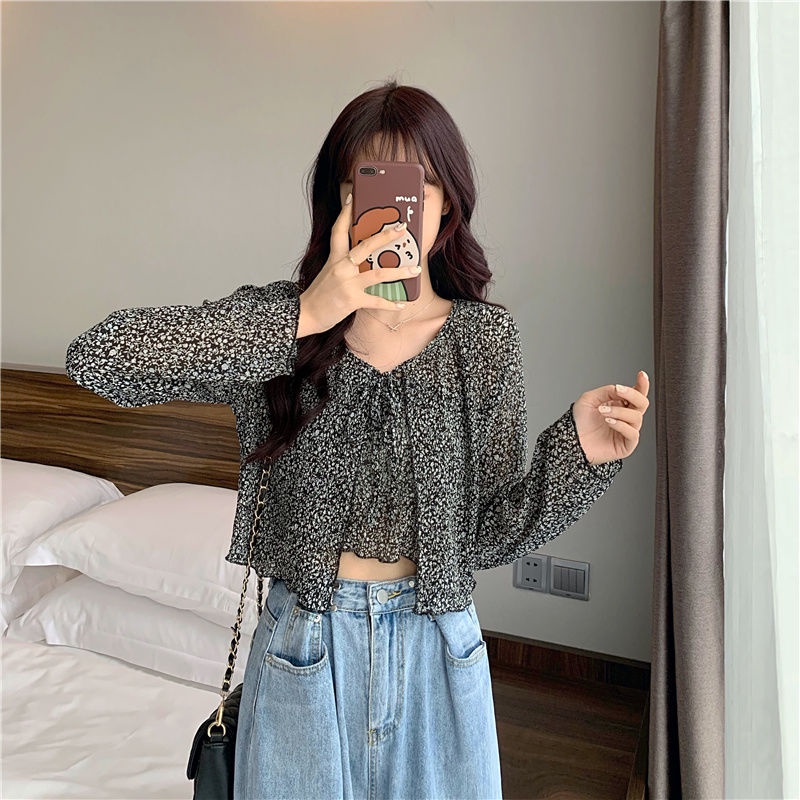 IELGY Áo sơ mi chiffon tay dài dáng rộng in họa tiết hoa phong cách Hàn Quốc thời trang cho nữ