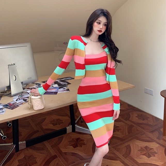 Bộ đầm 2 dây và áo khoác cardigan dệt kim thời trang dành nữ