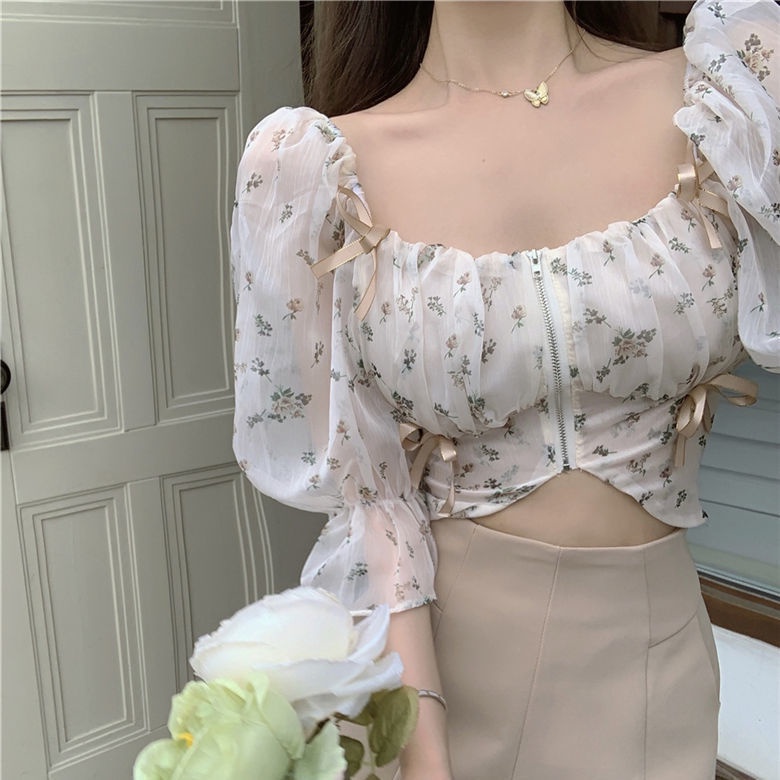 Áo Sơ Mi Voan Tay Ngắn Họa Tiết Hoa Phong Cách Pháp Thời Trang Cho Nữ