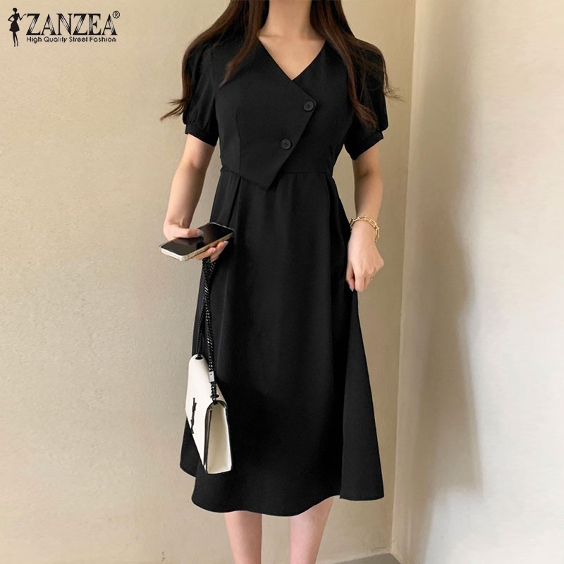 Đầm midi ZANZEA tay ngắn phồng cổ chữ V cài nút thời trang cho nữ