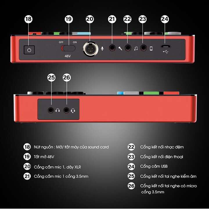 Sound card SC M1 có autu tune tích hợp pin dùng cho dòng mic 5V và 48V có hiển thị các đèn báo nút chính hãng