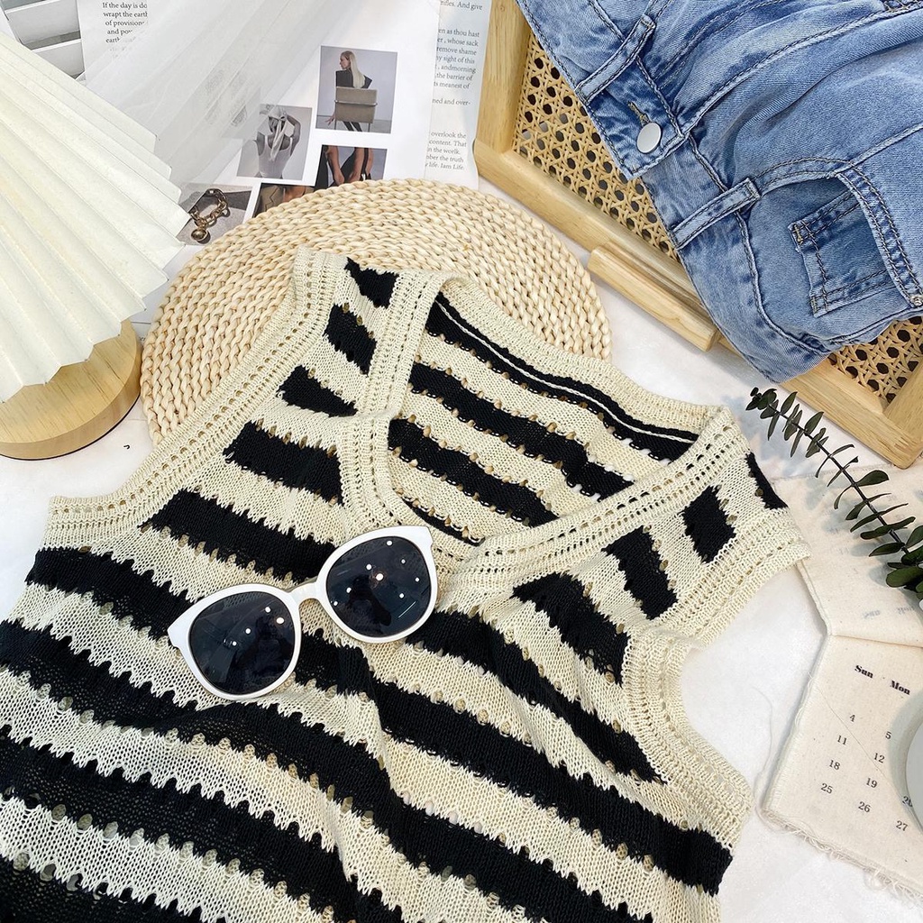 Áo Dệt Kim Không Tay Dáng Rộng Họa Tiết Kẻ Sọc Màu Đen Thời Trang Mùa Hè Dành Cho Nữ