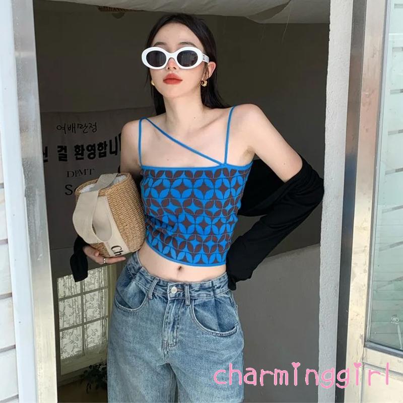 Chm-áo Tank Top Dệt Kim Họa Tiết Hình Học Tương Phản Dây Đai Jacquard Không Đối Xứng Cho Nữ