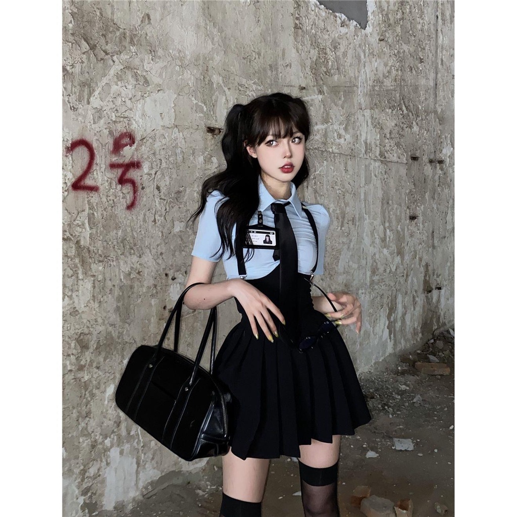Set Áo Tay Ngắn + Chân Váy Xương Cá Phong Cách Preppy Cho Nữ