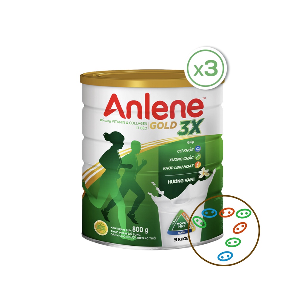 [Date 2024] [Mới] Bộ 03 lon sữa bột Anlene 3 khoẻ Gold Vani 3X 800g