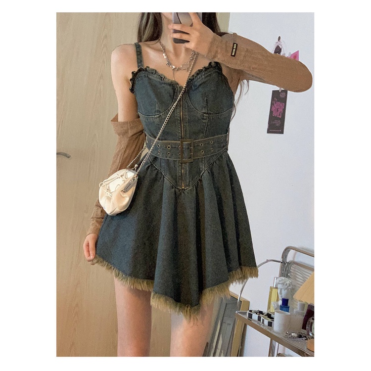 New Style Short Blouse+Sling Dress Irregular Denim Matched With Outer Shawl Sweet Cool Hot Girl Suit Women