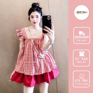 Set bộ nữ, bộ áo kẻ caro cánh tiên kèm quần sooc size s m - rose store