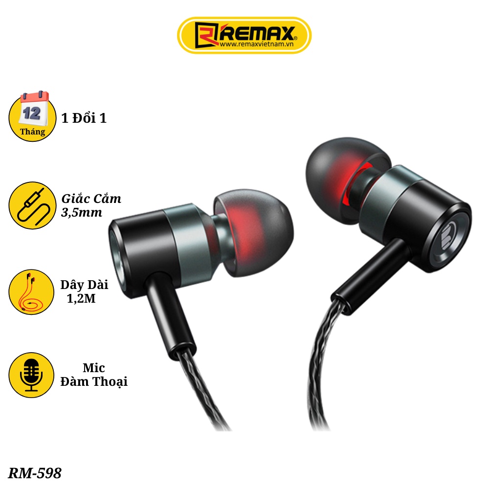Tai nghe nhét tai có dây dùng cho điện thoại Remax RM-598 chống ồn tích hợp micro và điều khiển âm lượng - Remax