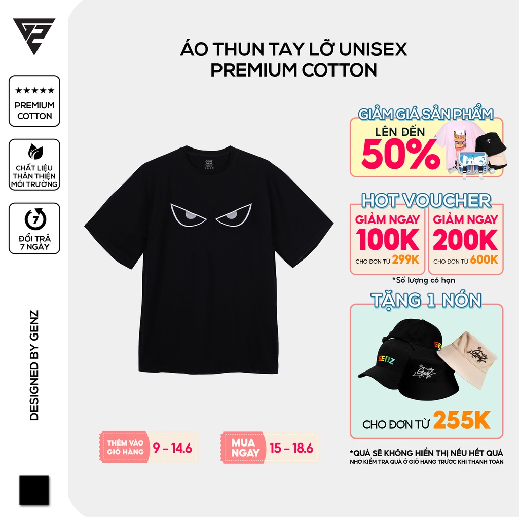 Áo thun tay lỡ GENZ phông Unisex nam nữ Cotton oversize form rộng Eyes Embroidery