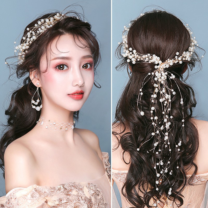 Set vòng hoa đội đầu+bông tai ngọc trai nhân tạo