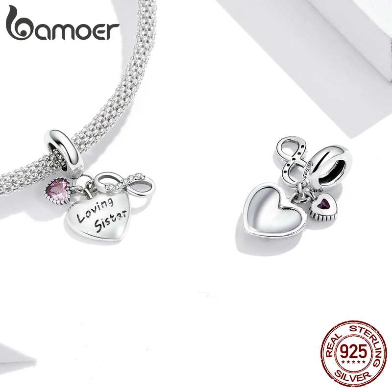 Mặt Dây Hình Trái Tim Loving Sister Màu Hồng Bamoer bạc 925 Nguyên Mẫu Gắn Vòng Tay Trang Sức BSC414