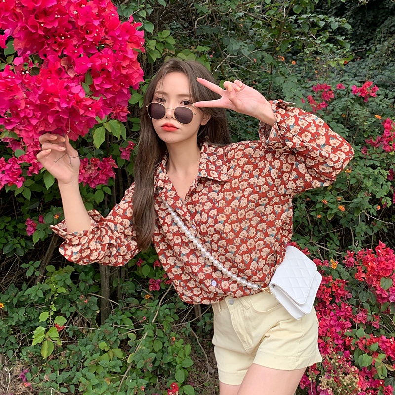 SUXI Áo Sơ Mi Hoa Tay Dài Dáng Rộng Thiết Kế Mới Thời Trang Mùa Thu Theo Phong Cách Pháp Cho Nữ