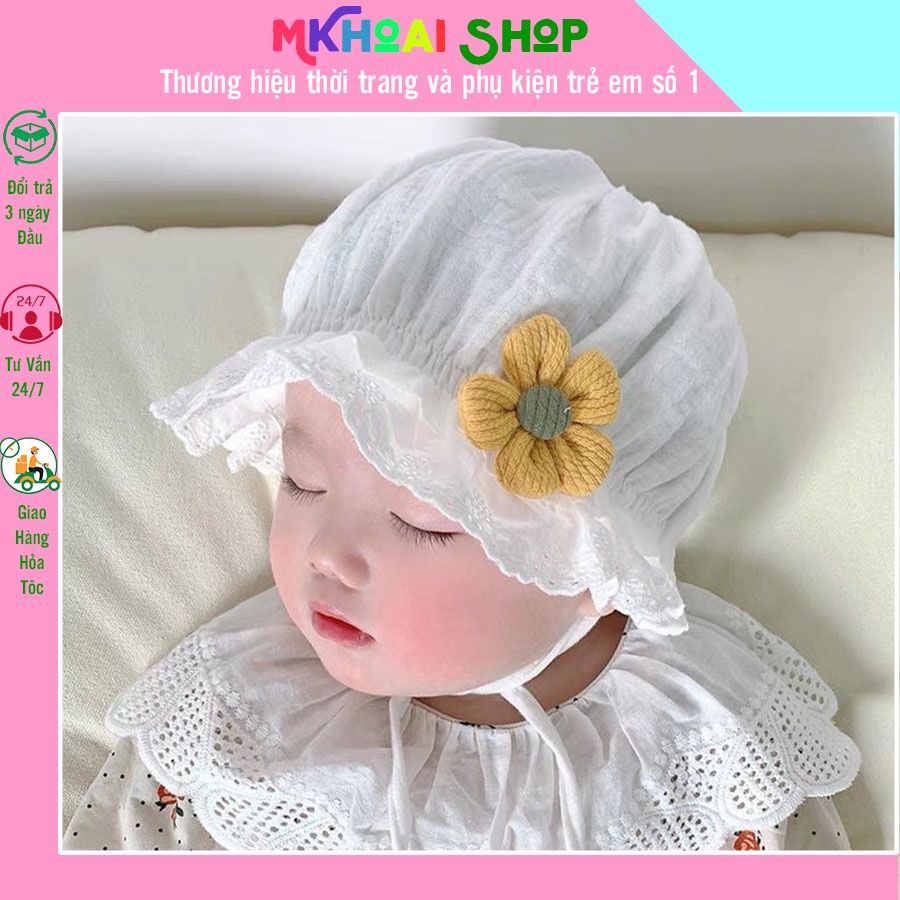 Mũ trắng hoa cúc  vải xô muslin cho bé