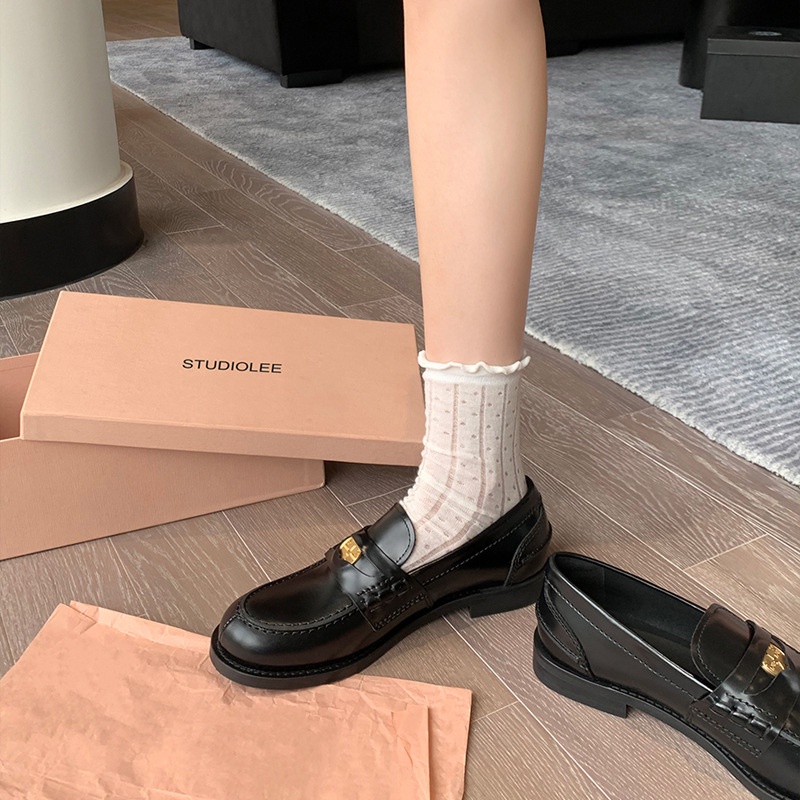 Nho Mom Studiolee Giày Da Đế Dày Phong Cách Anh Quốc Retro Mùa Thu Có Khóa Cài Vàng Kim