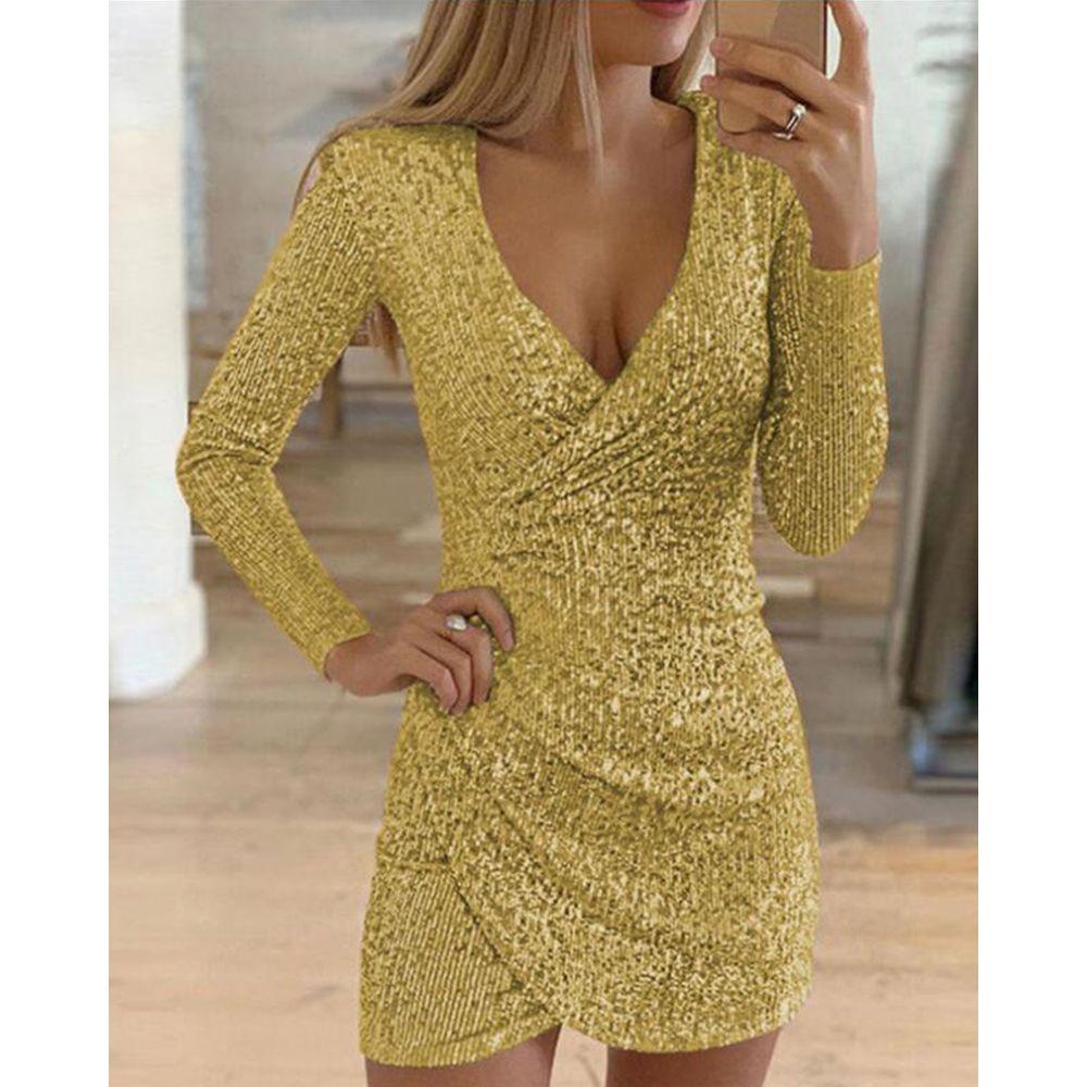 Đầm Mini Dài Tay Plus Size Đính Kim Sa Dành Cho Nữ Dự Tiệc Tối