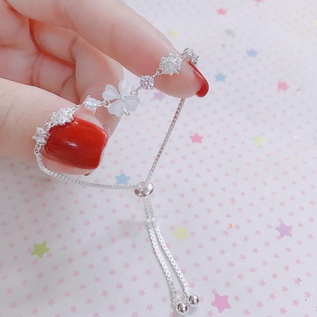 Lắc tay nữ bạc ý, dây rút điều chỉnh size, cỏ 4 lá đá lấp lánh nhẹ nhàng tinh tế Mainomi Shop Bạc Xinh