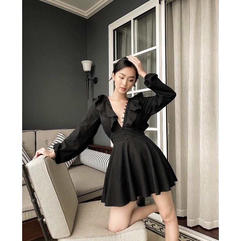 Jumpsuit Đầm Xòe Cổ Xẻ Chữ V Tay Dài