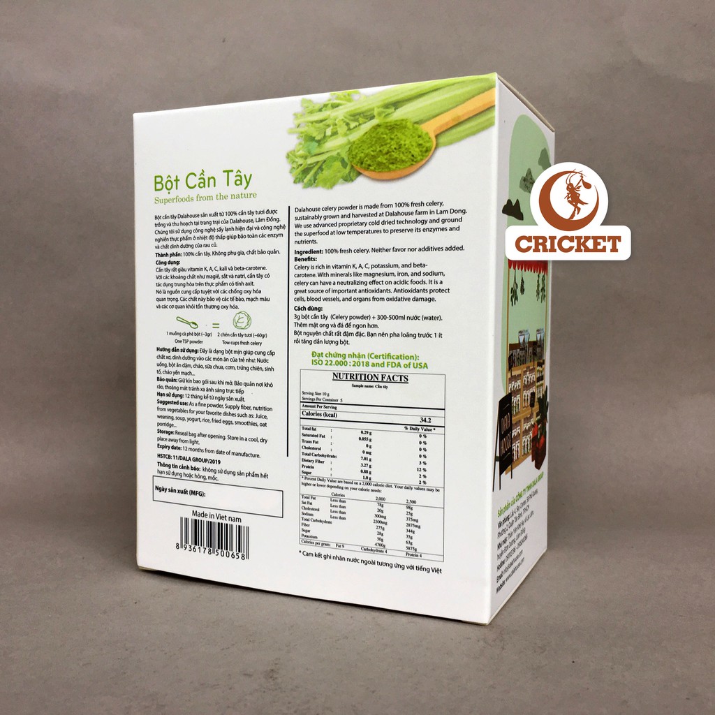 Bột cần tây nguyên chất sấy lạnh Dalahouse Hộp 60g (20 túi x 3g) giúp giảm cân, detox, giàu chất xơ, giảm cao huyết áp