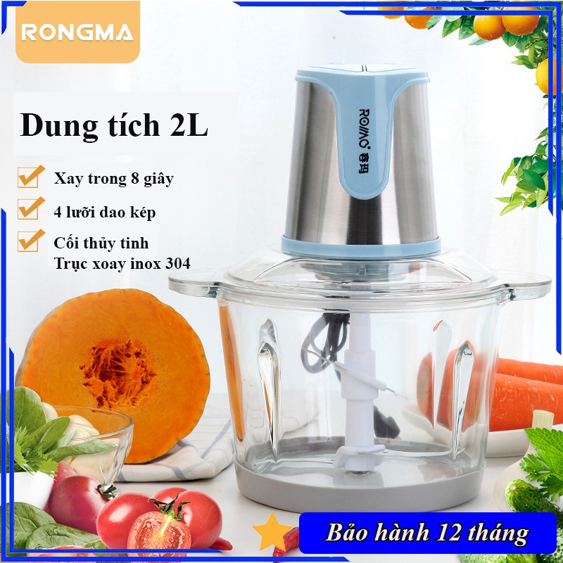 Máy Xay Thịt RoMo Chính Hãng, Công suất Lớn, Cối Xay Thủy Tinh, 4 Lưỡi Đa Năng, Dung Tích 2L - BẢO HÀNH 2 NĂM