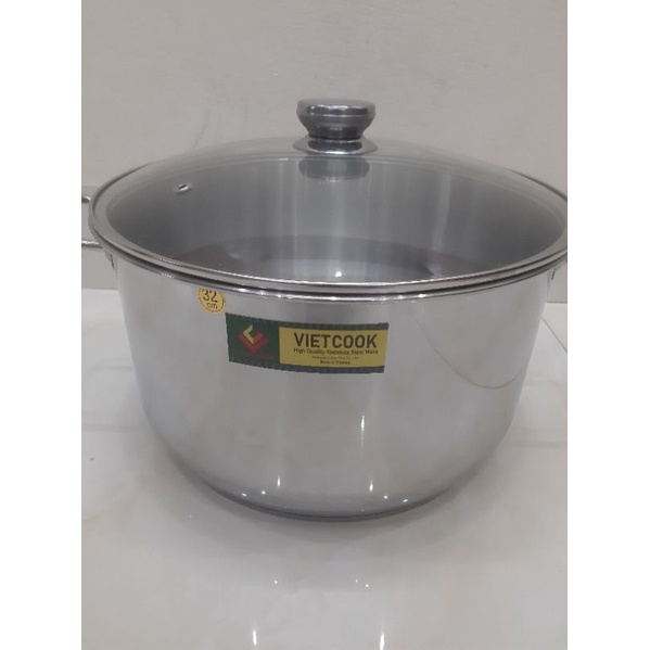 Nồi inox luộc gà 3 đáy,đáy từ,nồi inox 3 đáy, size 28 ,30,32 Viêt Cook có nắp kính và nắp inox (Chính Hãng Hàng VN)