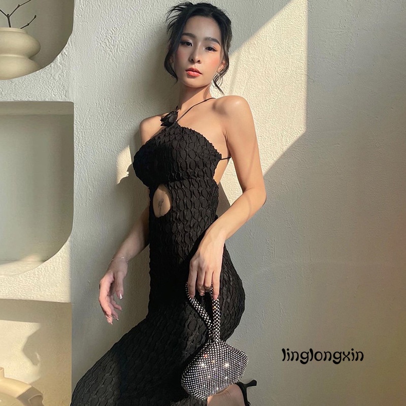 ♧KG✲Women´s Modified Cheongsam Long Dress Solid Color Floral Decoration Halter Neck Off Shoulder Cutout Dress