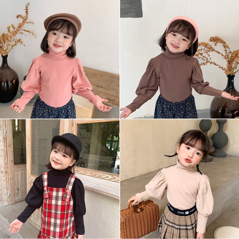 Kids Girl Shirt  Autumn Cotton Long Sleeve Blouse Children Bubble Sleeves Stacked Tops