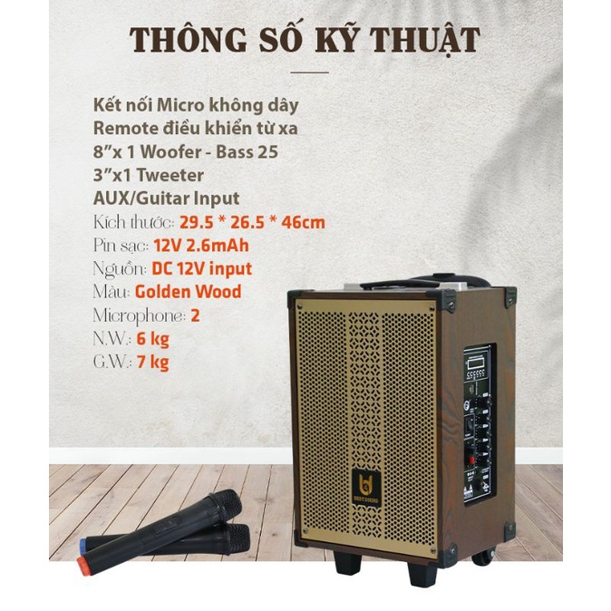 Loa Kéo Karaoke Bluetooth Bass 2 Tấc, Tặng 2 Micro Không Dây, Best Sound, Âm Thanh Cực Hay