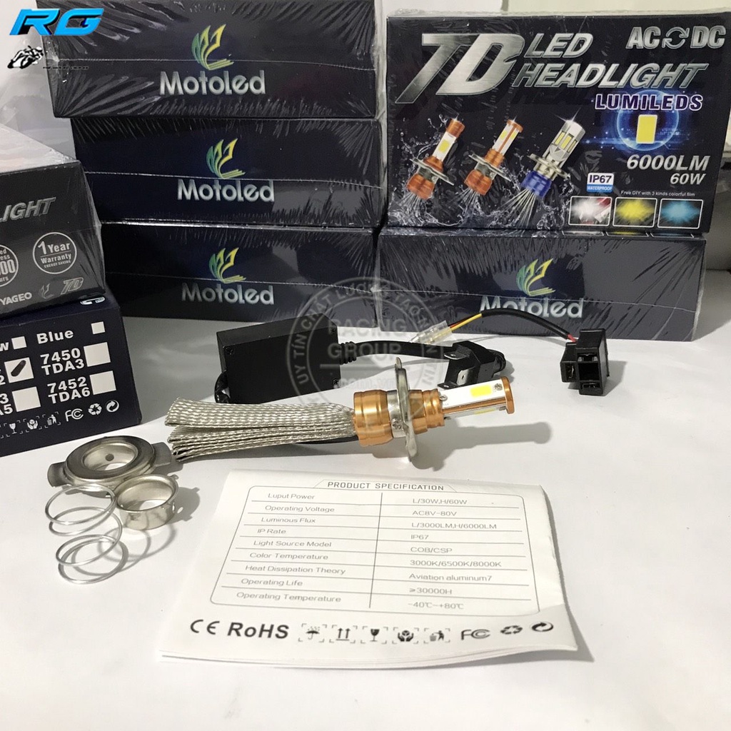 Đèn Pha Led Xe Máy Siêu Sáng H/60W L/30W Motoled Chống Nước IP67 5 Râu Tản Nhiệt Đủ Chân 2in1 T19 H4