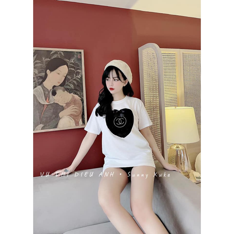 [Mã SKAMSALE06 giảm 10% tối đa 100K đơn 150K] Áo mùa hè nữ tim lông thêu logo. Chất cotton tàu 4c mịn đẹp.