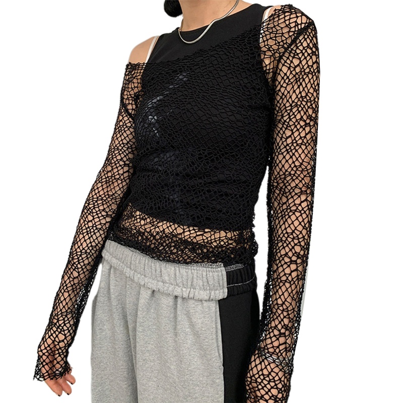 Áo Lưới Croptop Tay Dài Xuyên Thấu Gợi Cảm Cho Nữ