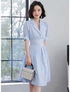 Đầm váy sơ mi sọc xanh bo eo (kèm hình thật)
