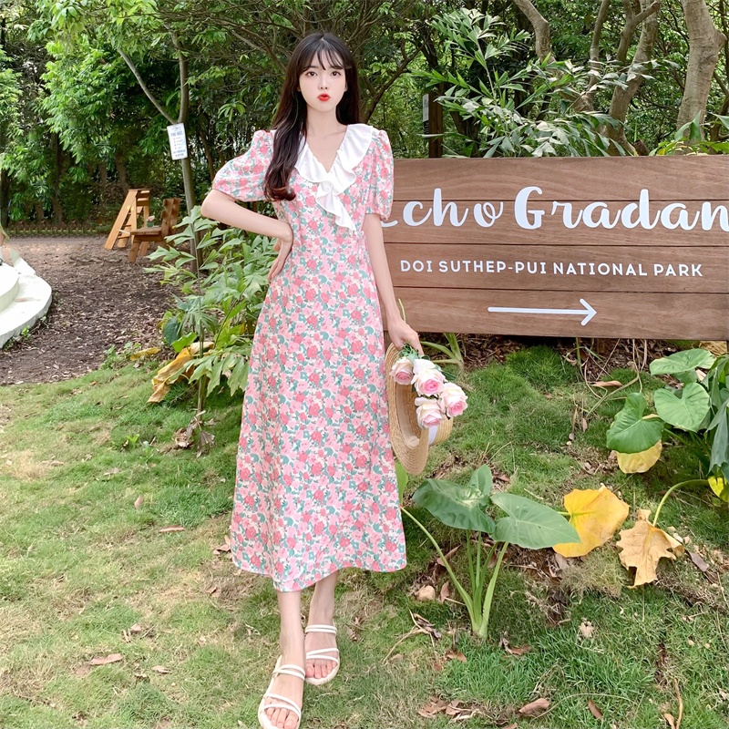 Đầm hoa PERTY cổ chữ V phối bèo phong cách Hàn Quốc thời trang mùa hè xinh xắn cho nữ