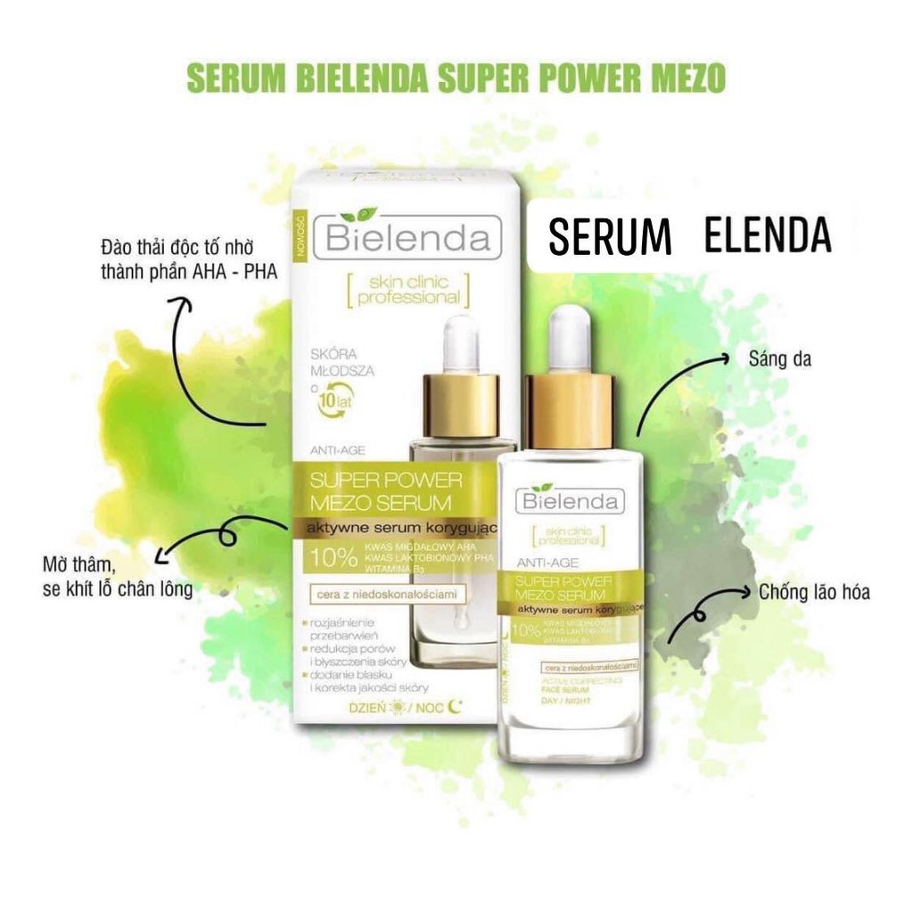 Serum Bielenda Xanh Lá Giúp Mờ Thâm Mụn,Phục Hồi Da Mụn, Làm Mịn Da Mụn Super Power Mezo 10% Almond Acid